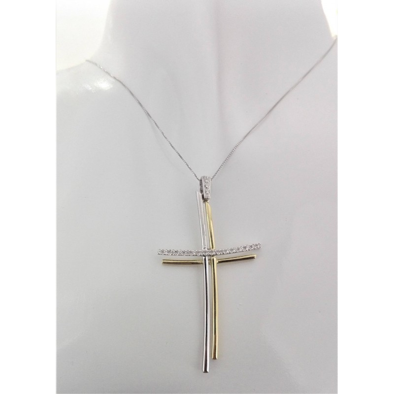 Collana Donna Diamanti Croce Oro Bianco Giallo 18 kt Carati 750 6,50 Gr  0,15 CT - Gioielleria Arte Oro
